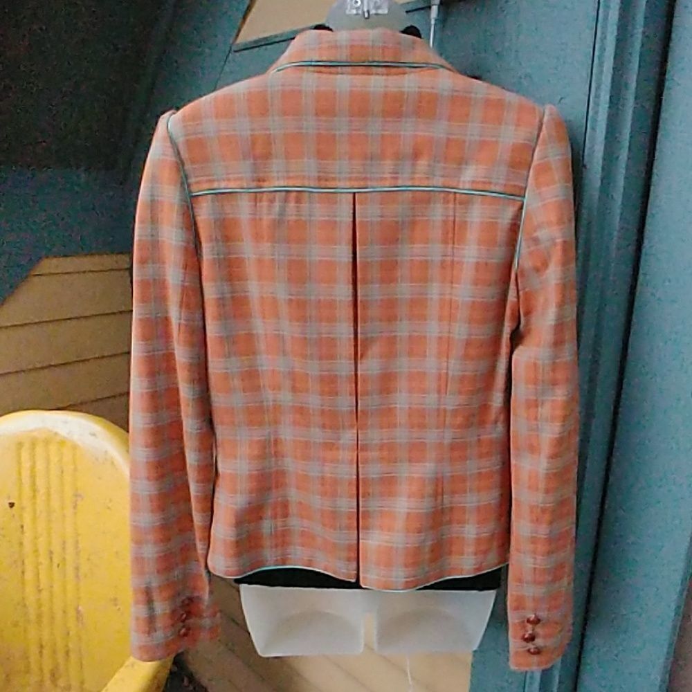 Preppy Penguin Salmon Turquoise Plaid Blazer - Picture 2 of 7